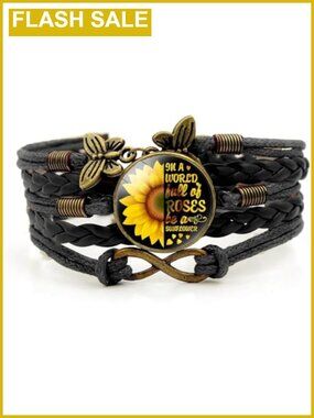 Boho Leather Wrap Bracelet with Sunflower Glass Cabochon & Charms